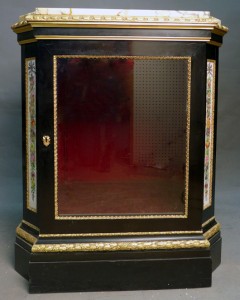 Antique marble-top, black lacquer vitrine/pedestal cabinet with hand-painted porcelain plaques, est. $3,000-$3,500. Sterling Associates image